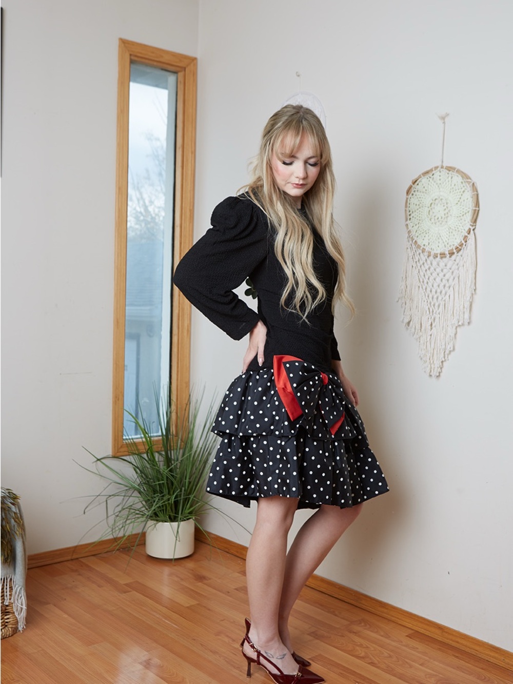 Vintage 80s Polka Dot Tiered Mini Dress with Red Bow Accent L